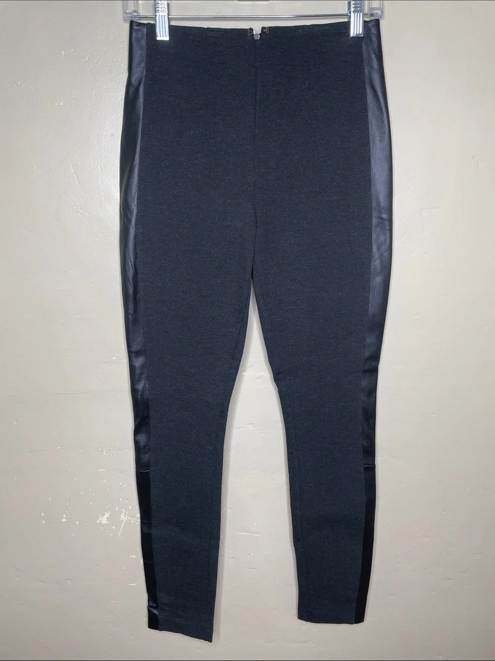 J CREW Gray & Black Pixie Ponte & Leather Tuxedo Stripe Sleek Minimalism Pants 2